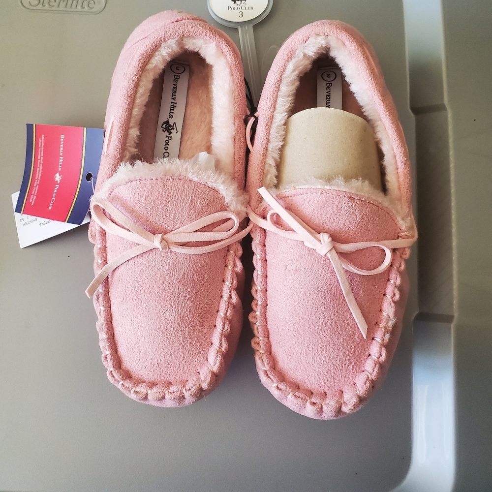 NWT Beverly Hills Polo Club girls pink slippers with faux fur lining size 3